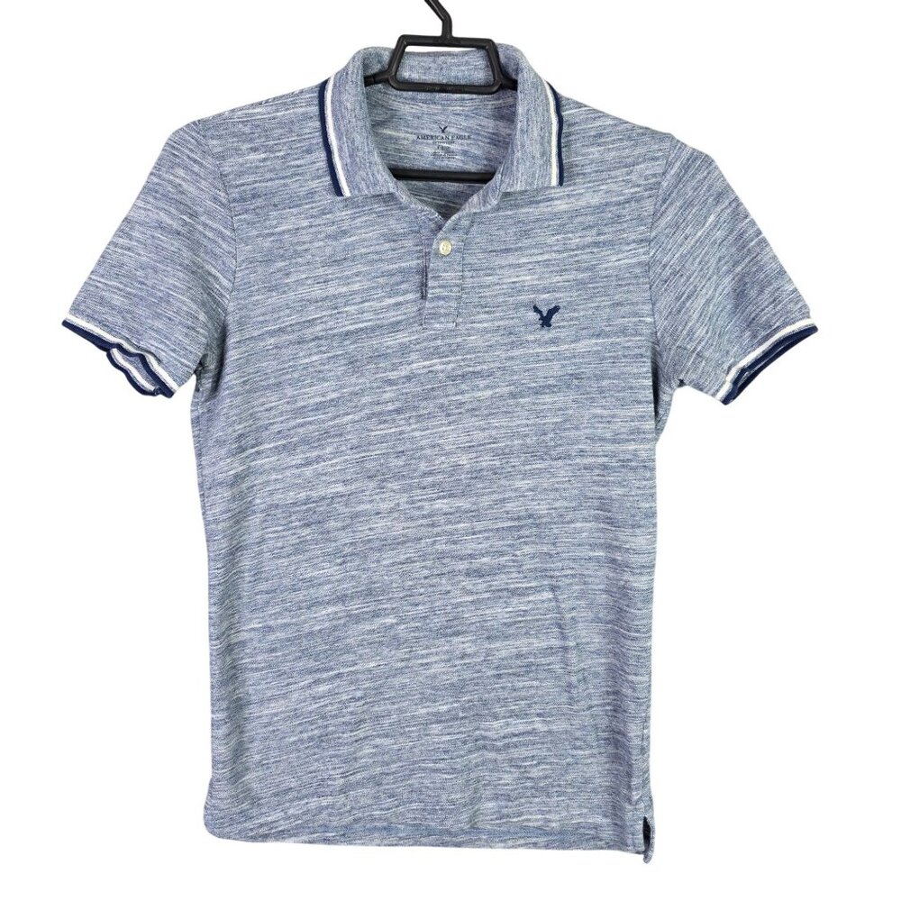 Mens American Eagle Heather Blue Polo Shirt Short Sleeve Cotton Blend Size S